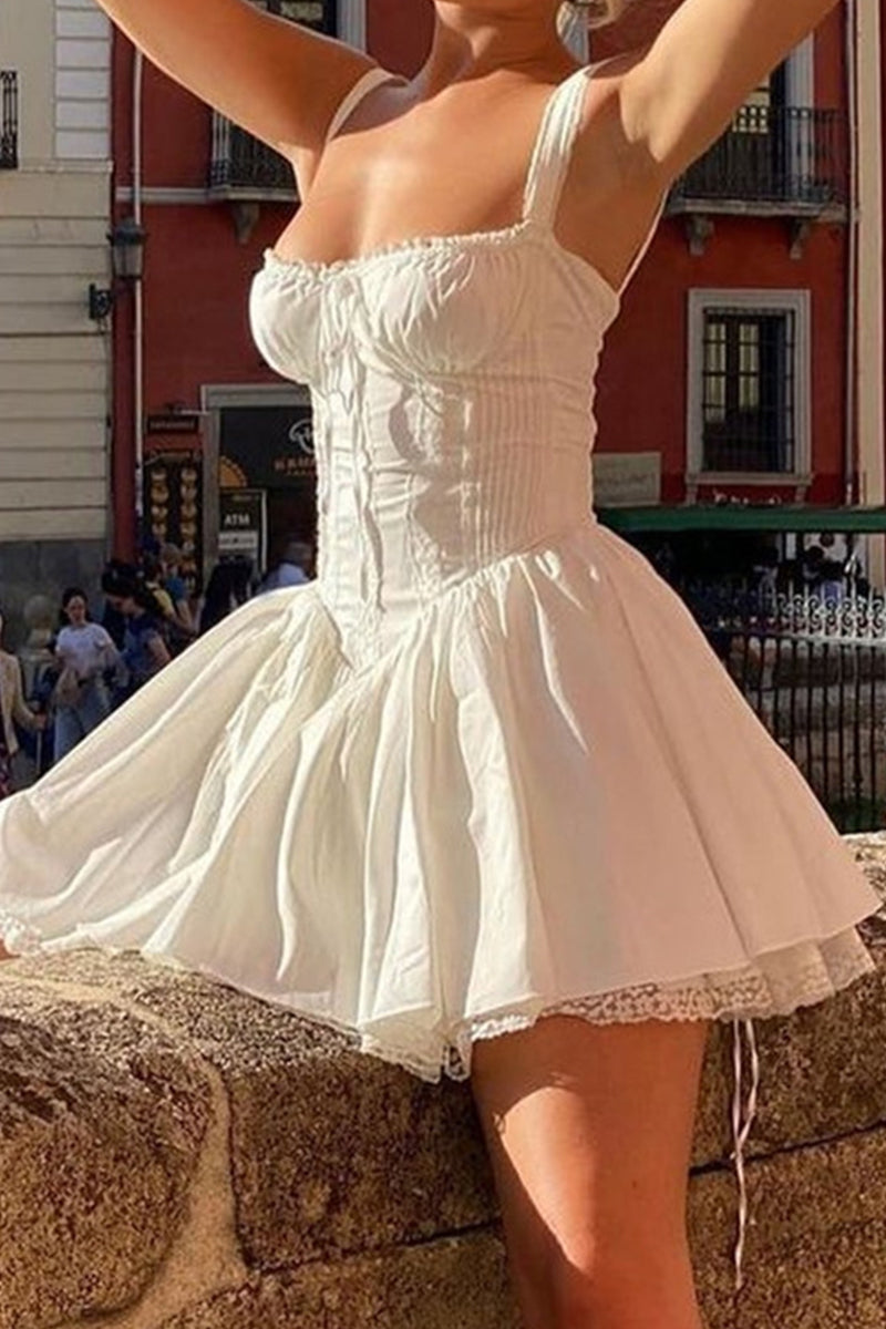 Vestido elegante y dulce con escote en U y encaje liso