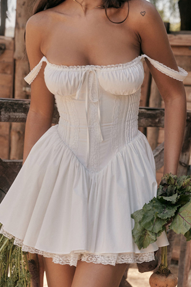 Vestido elegante y dulce con escote en U y encaje liso