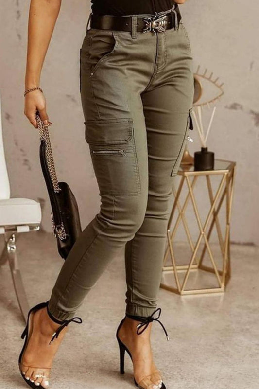 Pantalones casuales ajustados de cintura media con parches sólidos (3 colores)