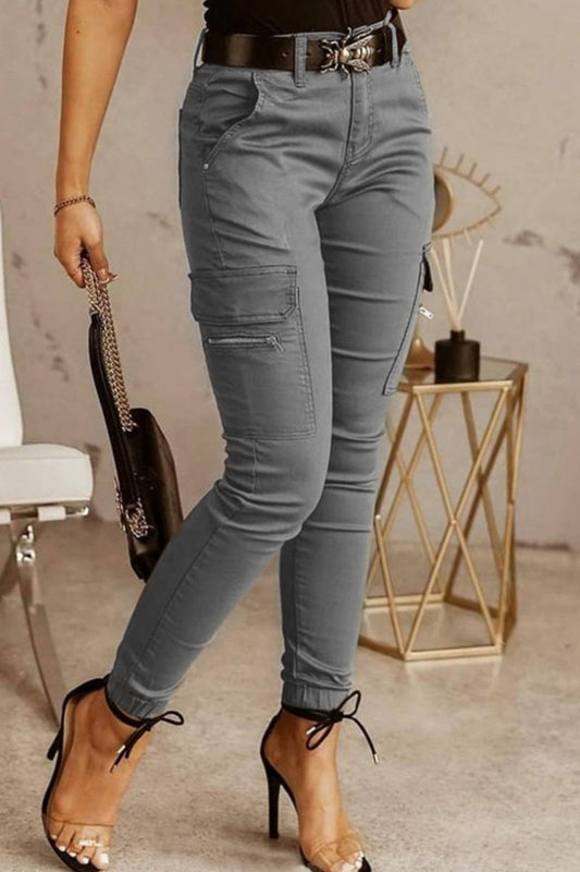 Pantalones casuales ajustados de cintura media con parches sólidos (3 colores)