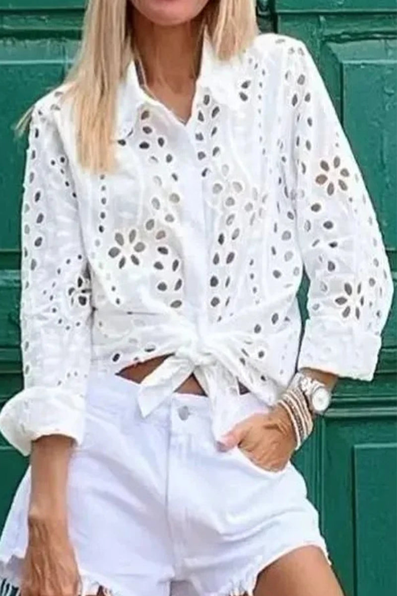 Tops casuales de cuello vuelto con aberturas lisas
