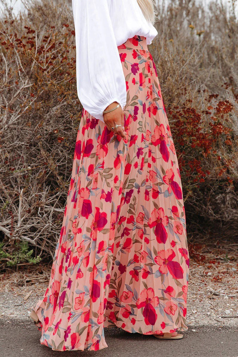 Elegante pantalón tipo A de cintura alta plisado con estampado floral