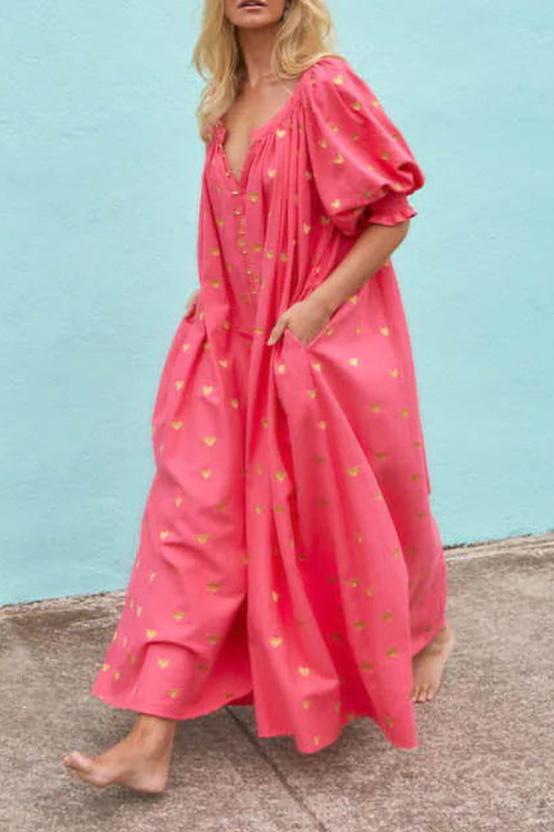 Vestidos casuales de corte A con escote en V, frenillo y bolsillo con estampado de amor