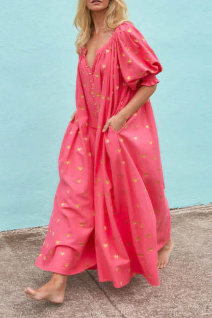 Vestidos casuales de corte A con escote en V, frenillo y bolsillo con estampado de amor