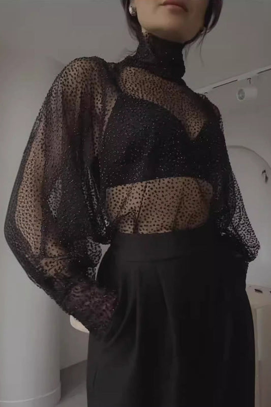 Tops sexys de cuello alto con lentejuelas transparentes y sólidos