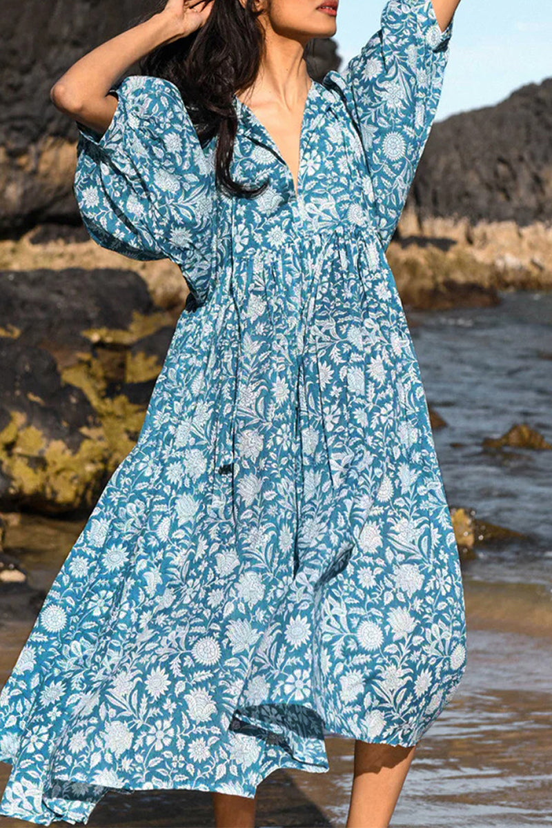 Vestido playero informal de vacaciones con estampado de camuflaje y cuello en V de patchwork