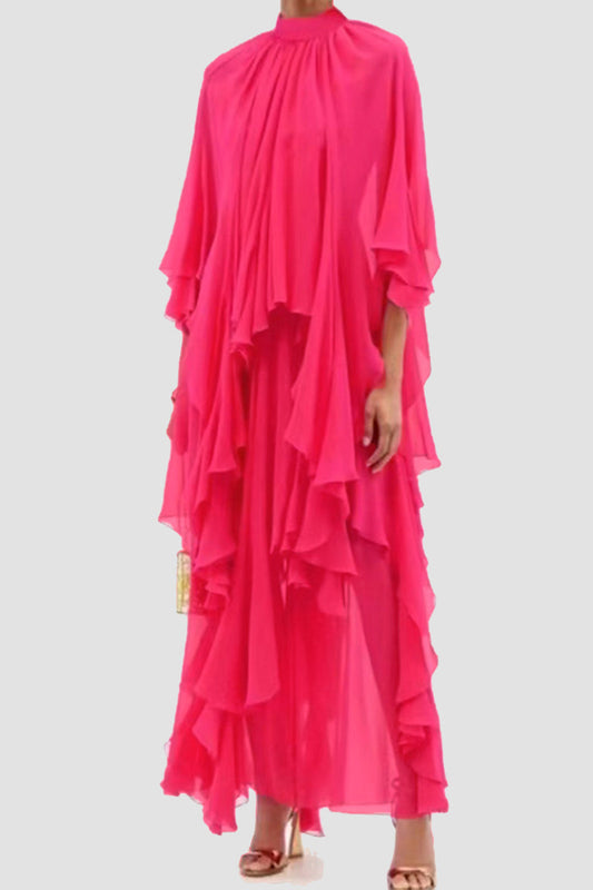 Vestido playero informal de cuello mandarín con volantes lisos para vacaciones