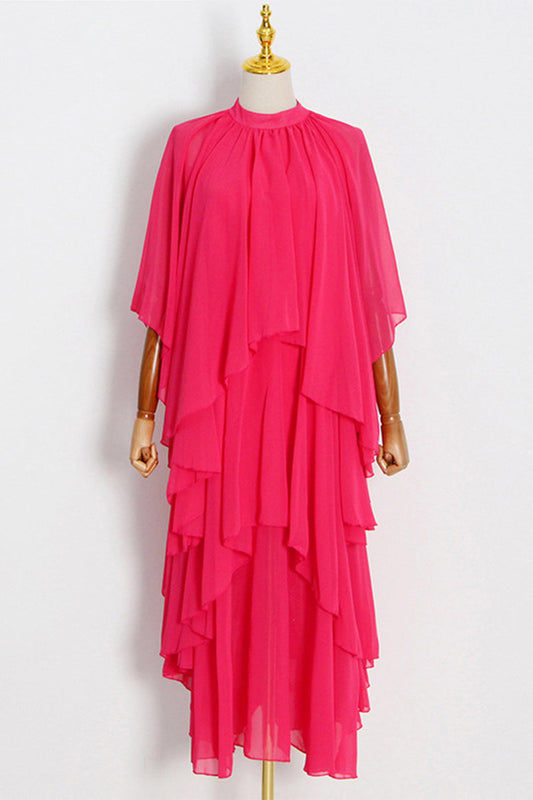 Vestido playero informal de cuello mandarín con volantes lisos para vacaciones