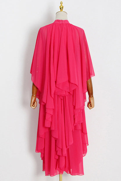 Vestido playero informal de cuello mandarín con volantes lisos para vacaciones