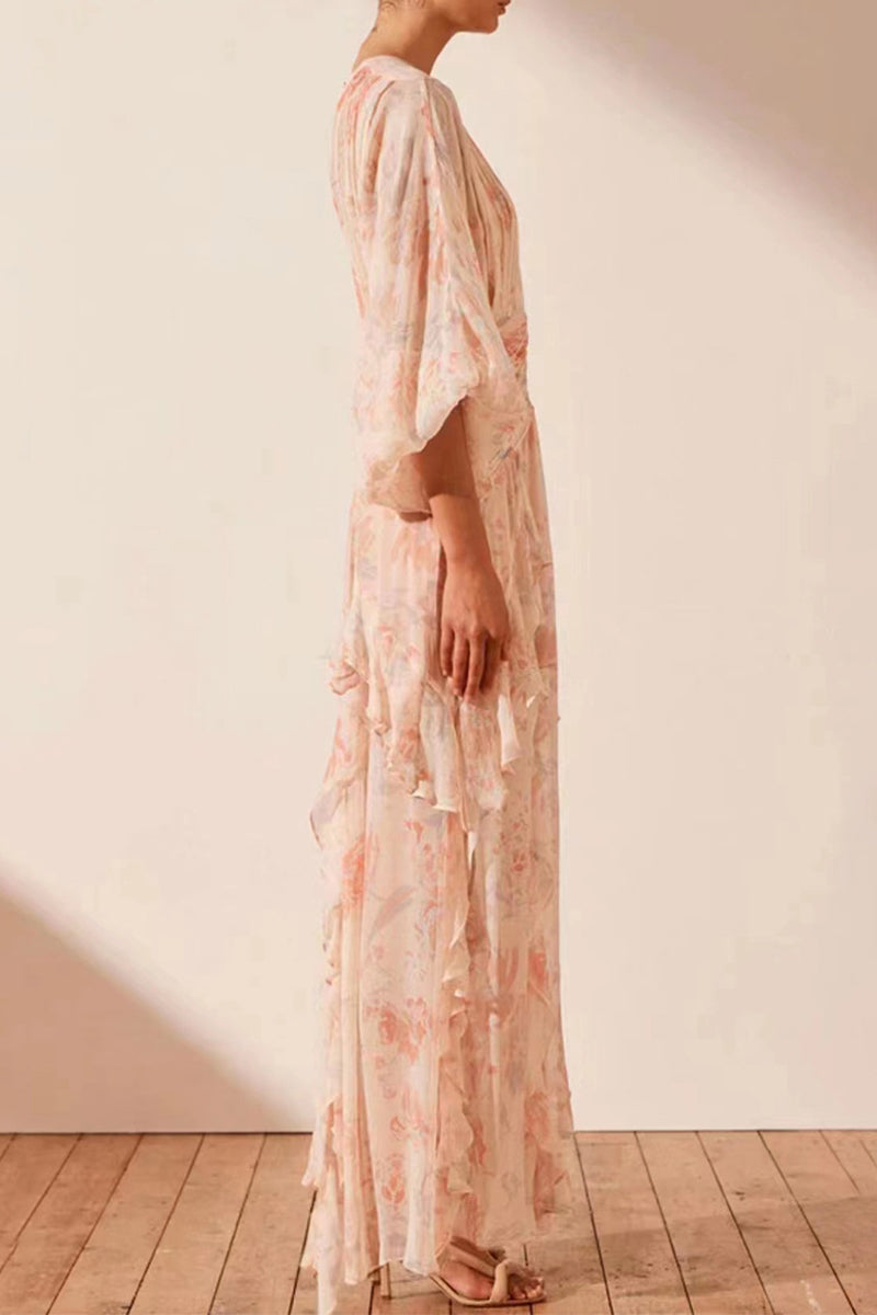 Vestido irregular con cuello redondo, elegante y dulce con volantes florales