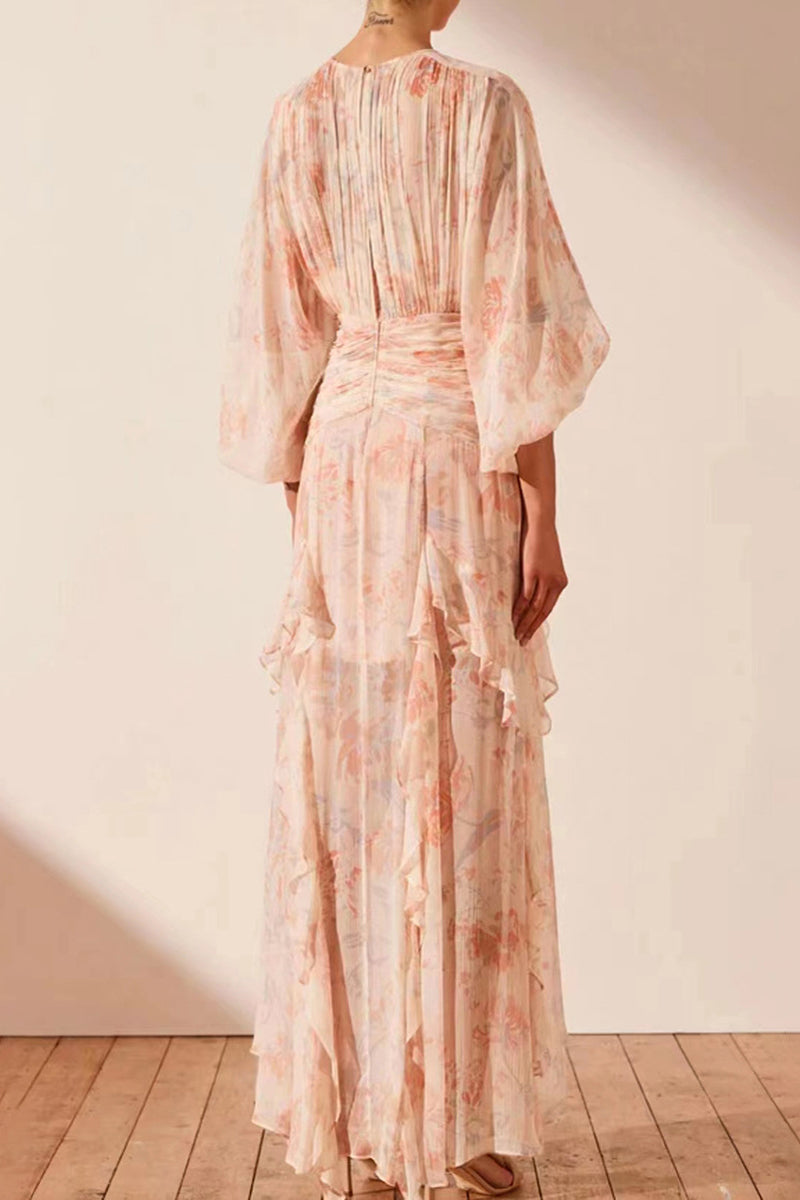 Vestido irregular con cuello redondo, elegante y dulce con volantes florales