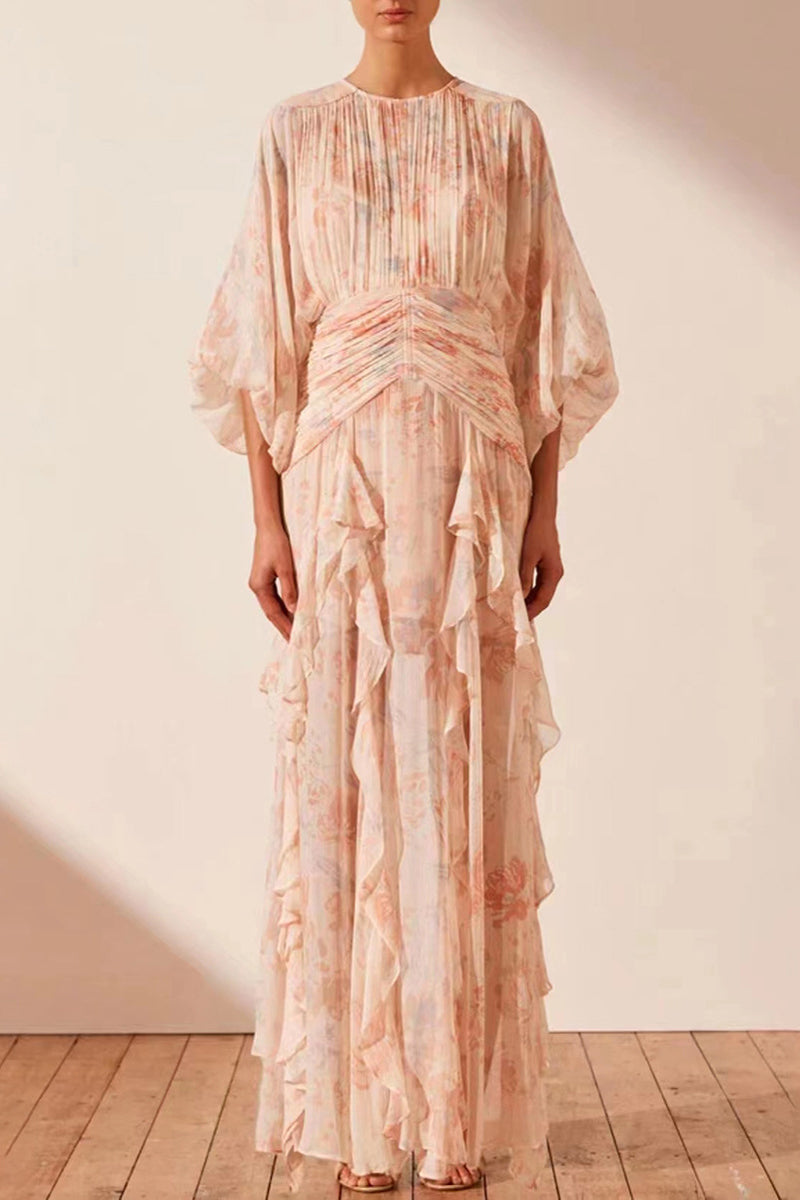Vestido irregular con cuello redondo, elegante y dulce con volantes florales