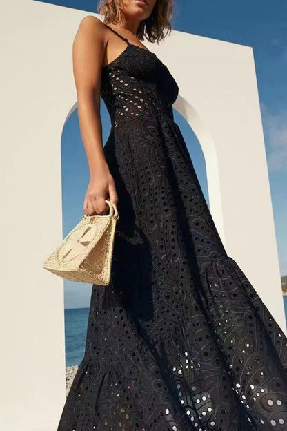 Vestido elegante y dulce de color liso con cuello cuadrado y diseño de patchwork ahuecado.
