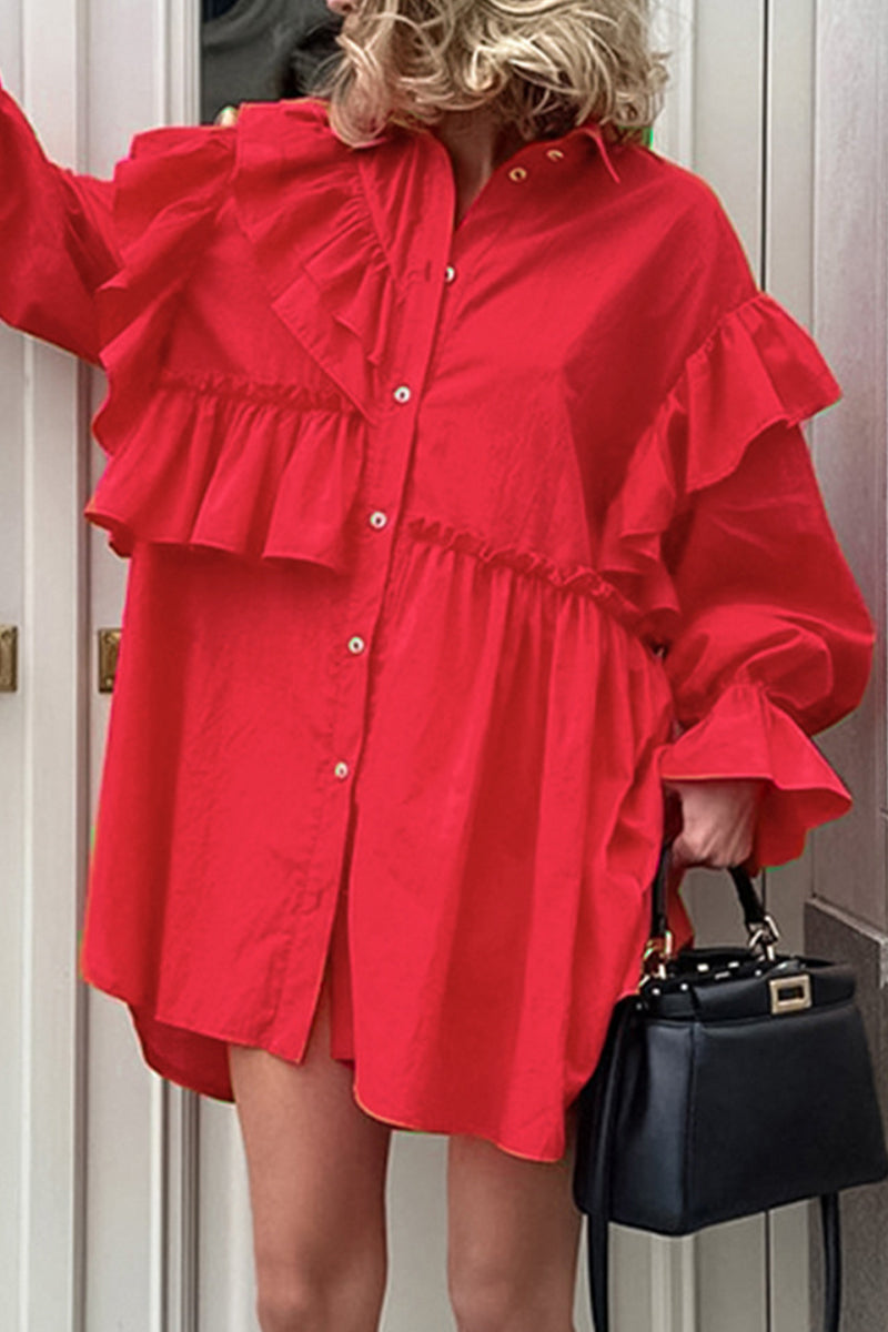Elegante vestido camisero asimétrico con cuello vuelto y volantes lisos
