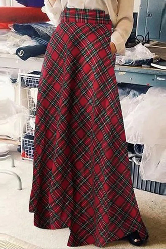 Elegante pantalón tipo A de cintura alta con estampado completo y contraste a cuadros