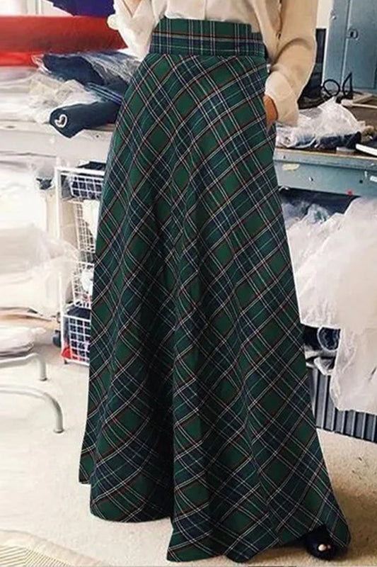 Elegante pantalón tipo A de cintura alta con estampado completo y contraste a cuadros