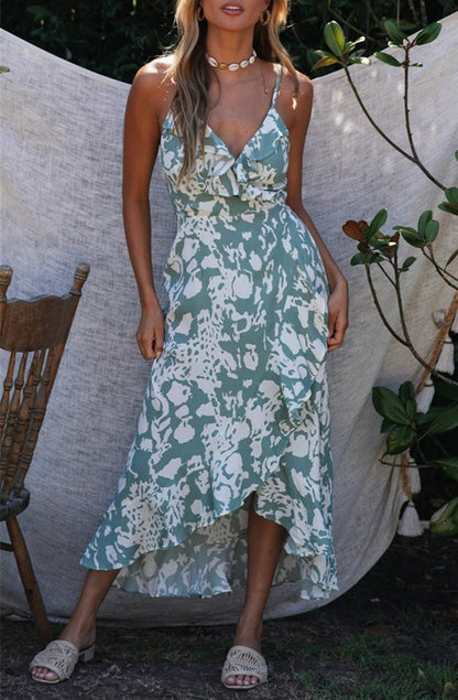 Vestido asimétrico con escote en V y volantes florales, sexy, para vacaciones