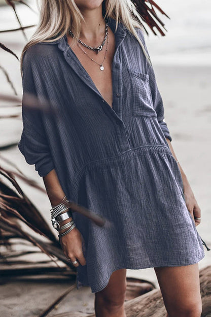 Vestido camisero informal de color liso con cordón ajustable y bolsillo con cuello vuelto