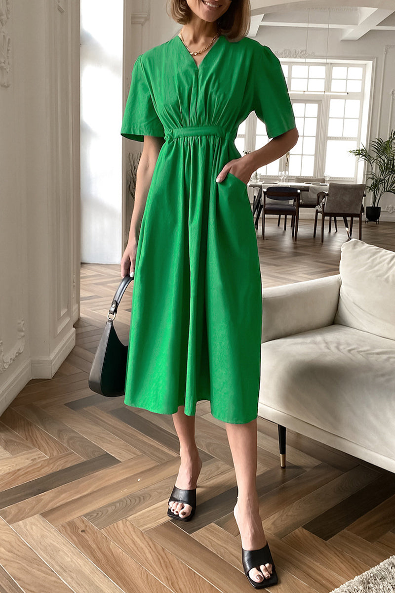 Vestidos casuales de corte A con cuello en V, bolsillos y cordón ajustable