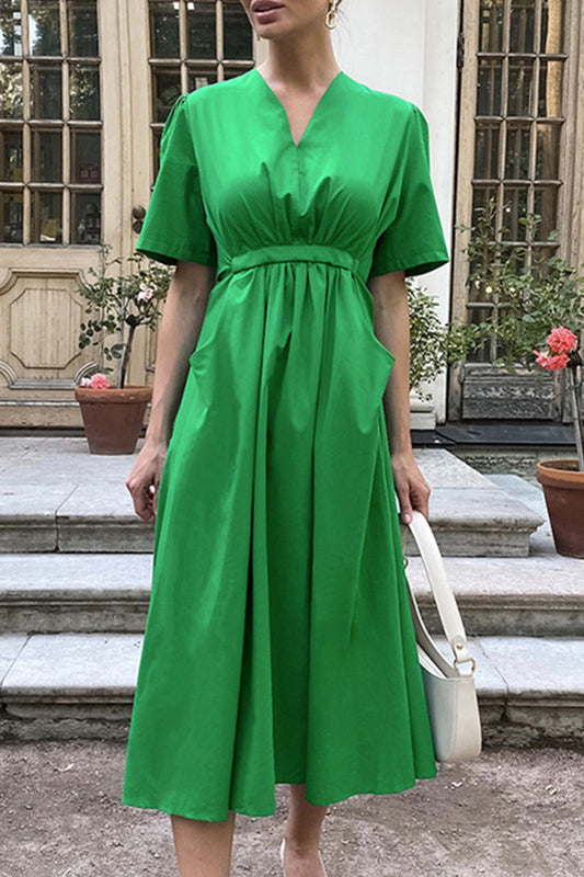 Vestidos casuales de corte A con cuello en V, bolsillos y cordón ajustable