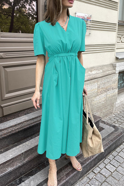 Vestidos casuales de corte A con cuello en V, bolsillos y cordón ajustable