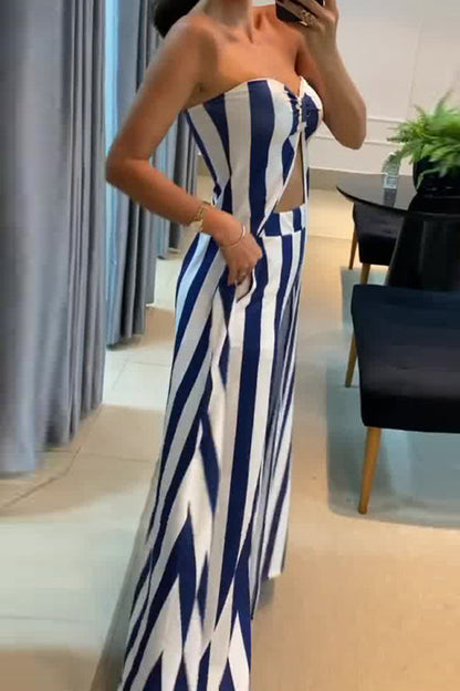 Conjunto de dos piezas sexy con rayas, bolsillo, abertura, sin tirantes y sin mangas