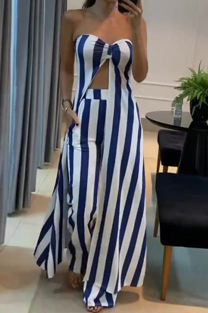 Conjunto de dos piezas sexy con rayas, bolsillo, abertura, sin tirantes y sin mangas