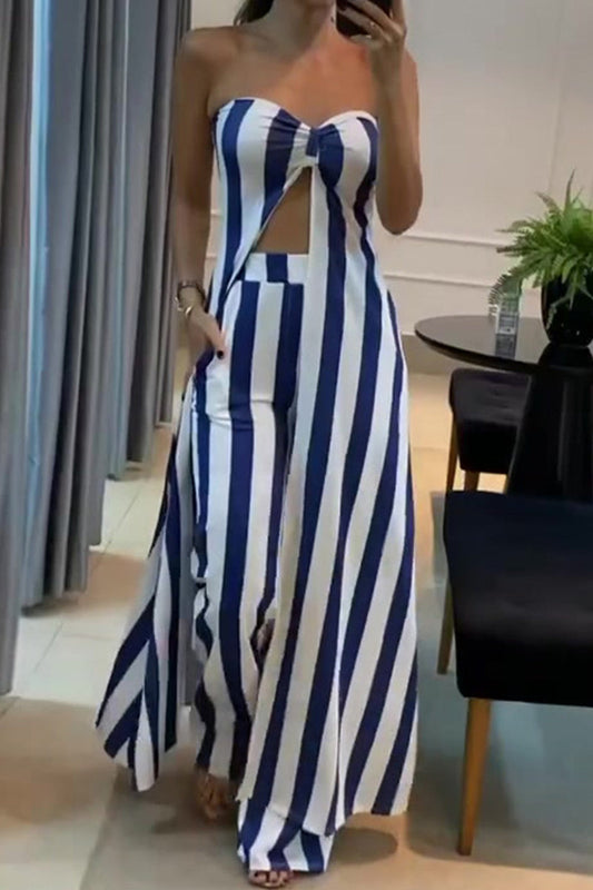 Conjunto de dos piezas sexy con rayas, bolsillo, abertura, sin tirantes y sin mangas