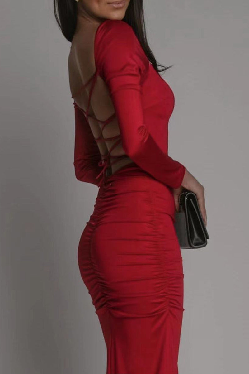 Vestidos sexis de falda cruzada con cuello cuadrado y abertura en la espalda, lisos y sin espalda