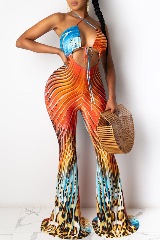 Monos sexis con estampado de vendaje y patchwork con cuello halter y corte regular