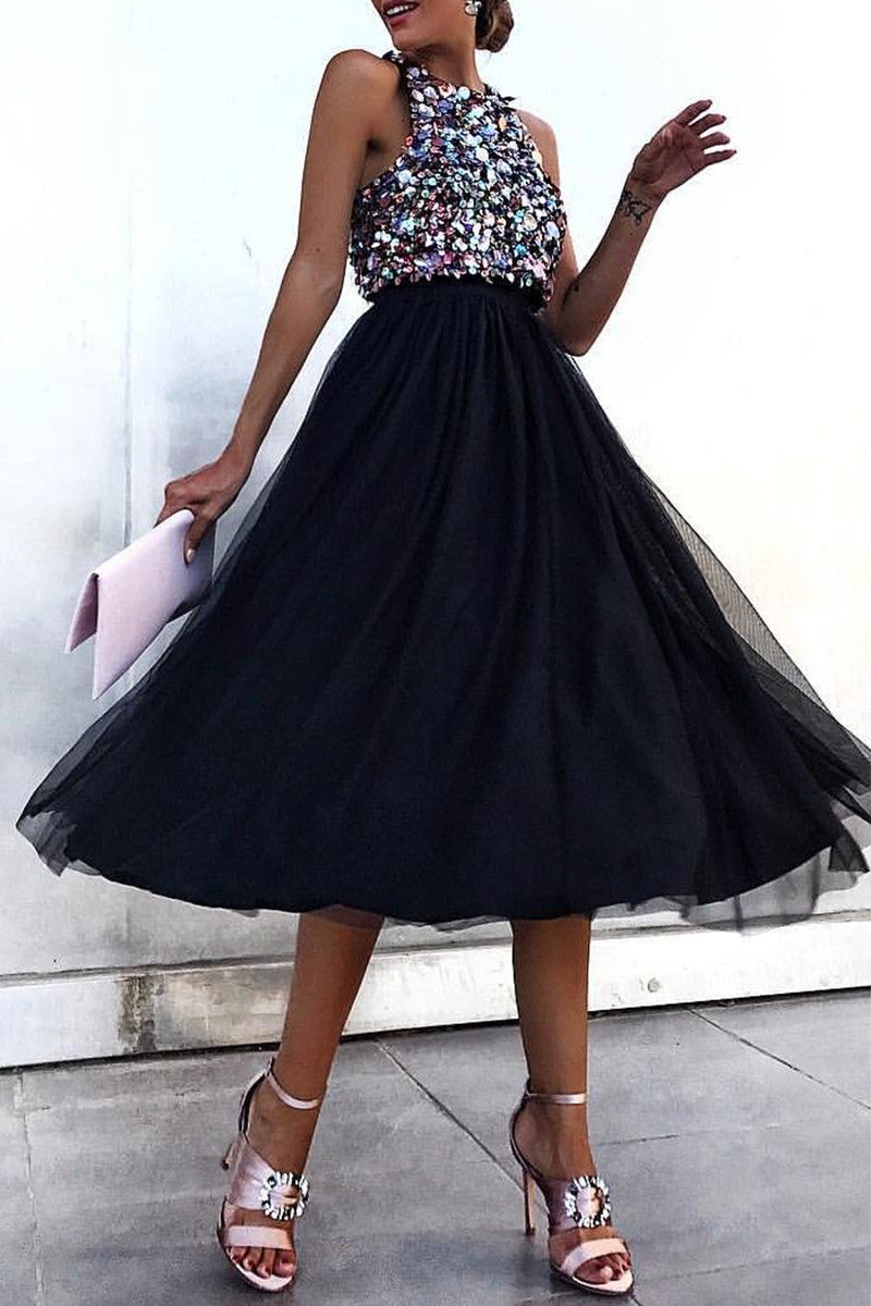 Vestido sexy de lentejuelas sólidas con cuello redondo sin mangas y lentejuelas