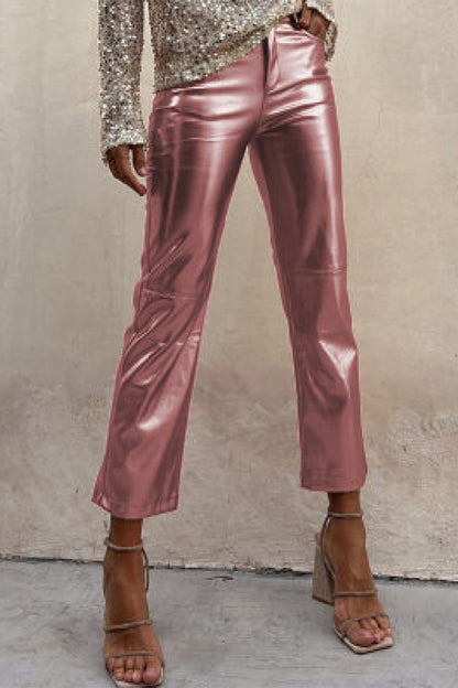 Pantalones casuales de color liso con bolsillos y parches, sueltos, de cintura media y rectos, de color liso