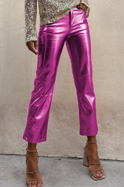 Pantalones casuales de color liso con bolsillos y parches, sueltos, de cintura media y rectos, de color liso