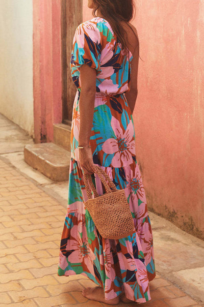 Vestidos casuales de vacaciones con estampado floral, frenillo, espalda descubierta, cuello oblicuo, corte A