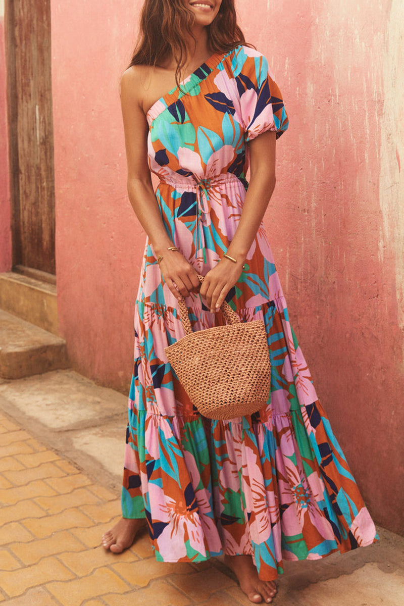 Vestidos casuales de vacaciones con estampado floral, frenillo, espalda descubierta, cuello oblicuo, corte A