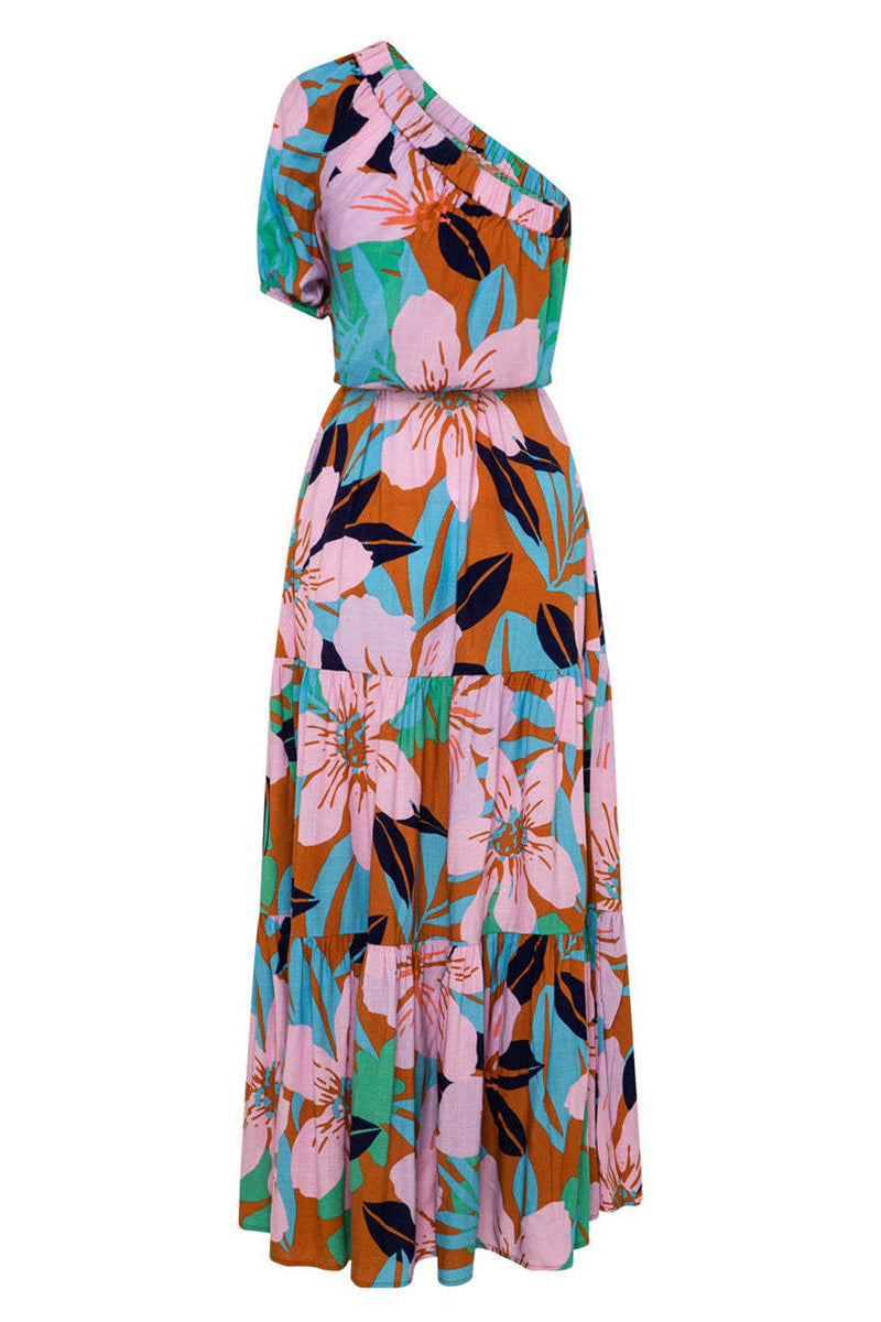 Vestidos casuales de vacaciones con estampado floral, frenillo, espalda descubierta, cuello oblicuo, corte A