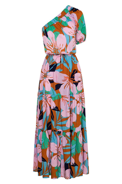 Vestidos casuales de vacaciones con estampado floral, frenillo, espalda descubierta, cuello oblicuo, corte A