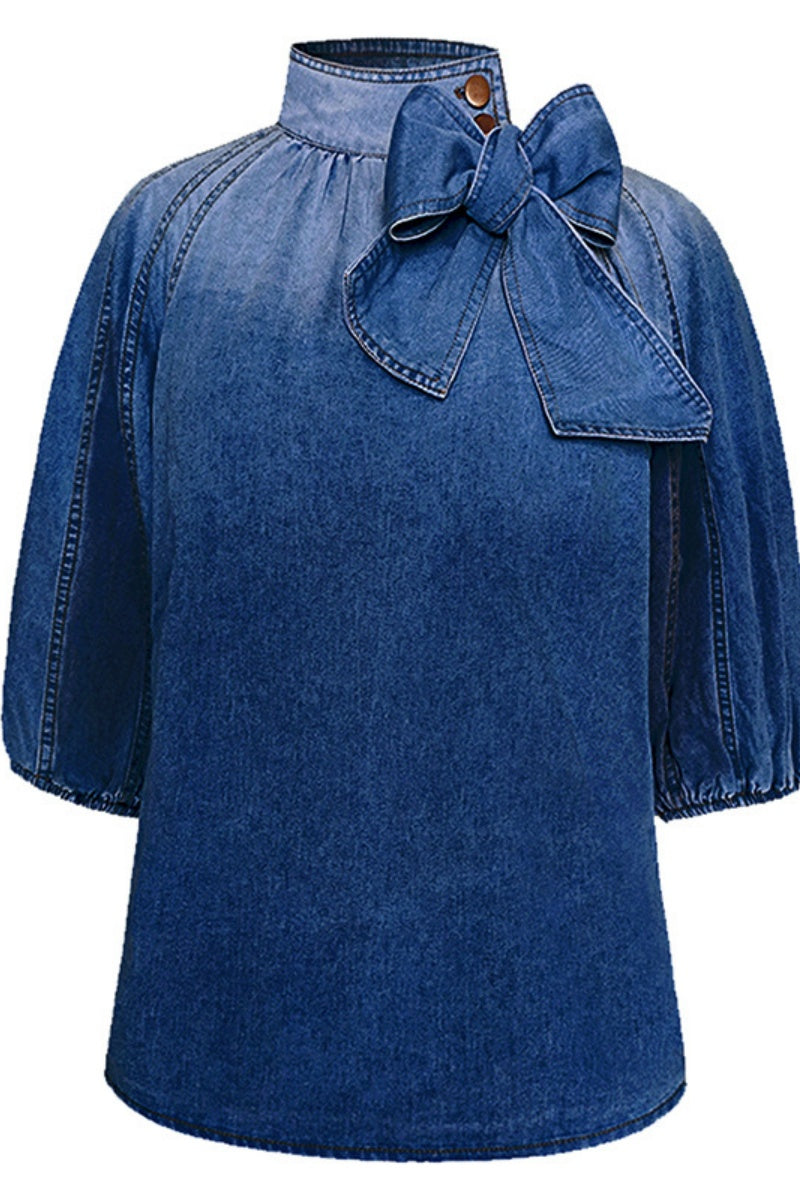 Tops vaqueros casuales de manga corta con cuello alto, patchwork liso y lazo