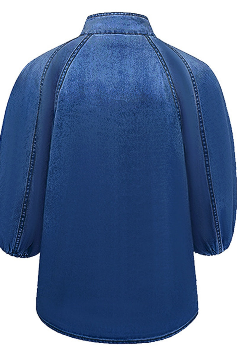 Tops vaqueros casuales de manga corta con cuello alto, patchwork liso y lazo