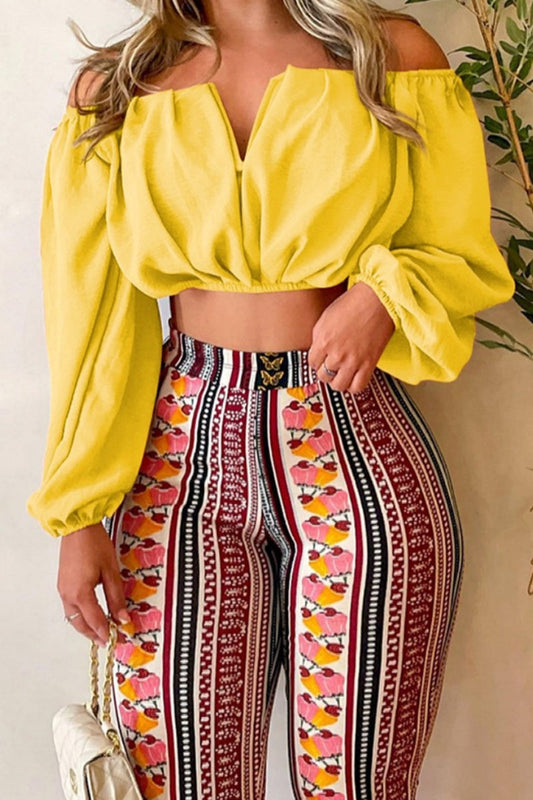 Conjunto de dos piezas informal con estampado, espalda descubierta, hombros descubiertos y manga larga
