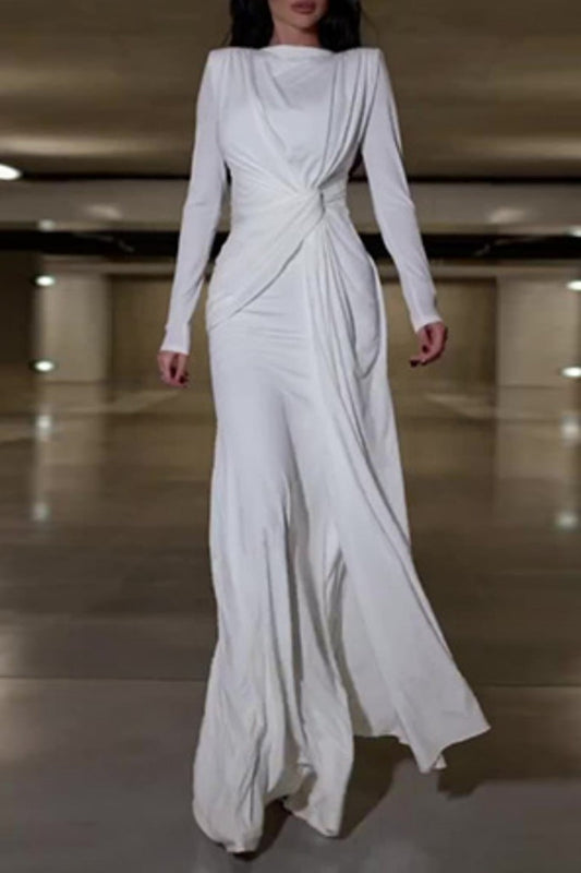Vestido largo informal de cuello redondo con parches sólidos