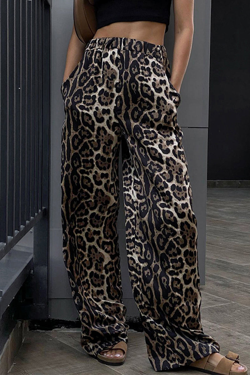 Pantalones casuales con estampado de leopardo, bolsillos, sueltos, cintura alta, pierna ancha y estampado completo