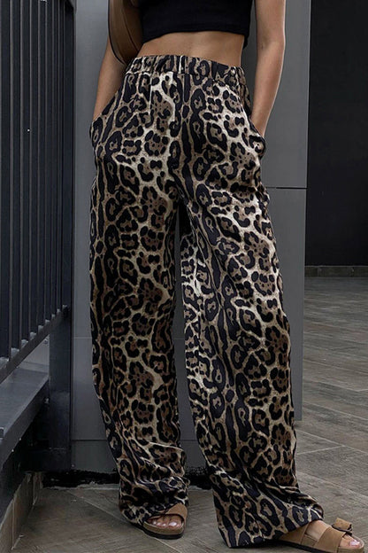 Pantalones casuales con estampado de leopardo, bolsillos, sueltos, cintura alta, pierna ancha y estampado completo