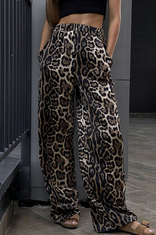 Pantalones casuales con estampado de leopardo, bolsillos, sueltos, cintura alta, pierna ancha y estampado completo