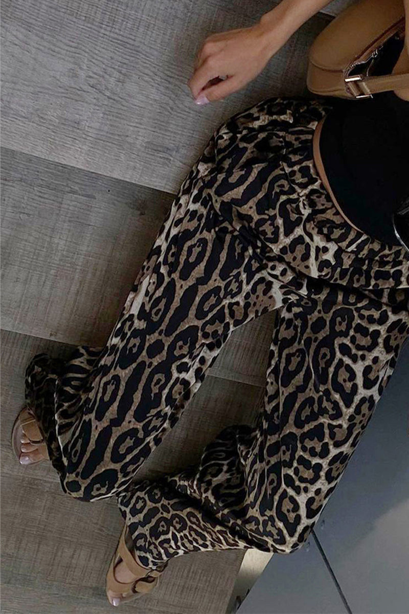 Pantalones casuales con estampado de leopardo, bolsillos, sueltos, cintura alta, pierna ancha y estampado completo