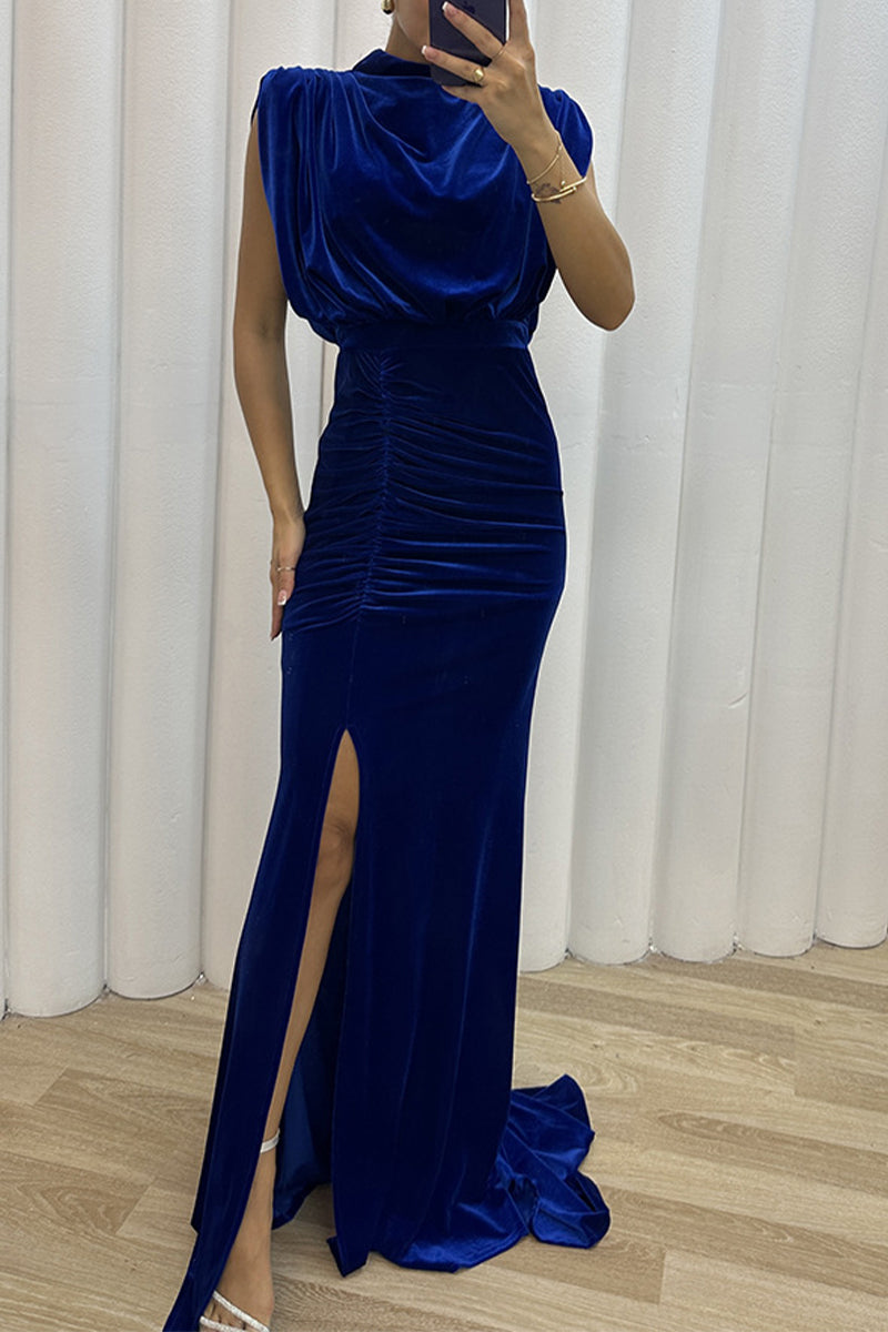 Vestidos de noche elegantes de celebridades con abertura sólida y cuello redondo asimétrico.