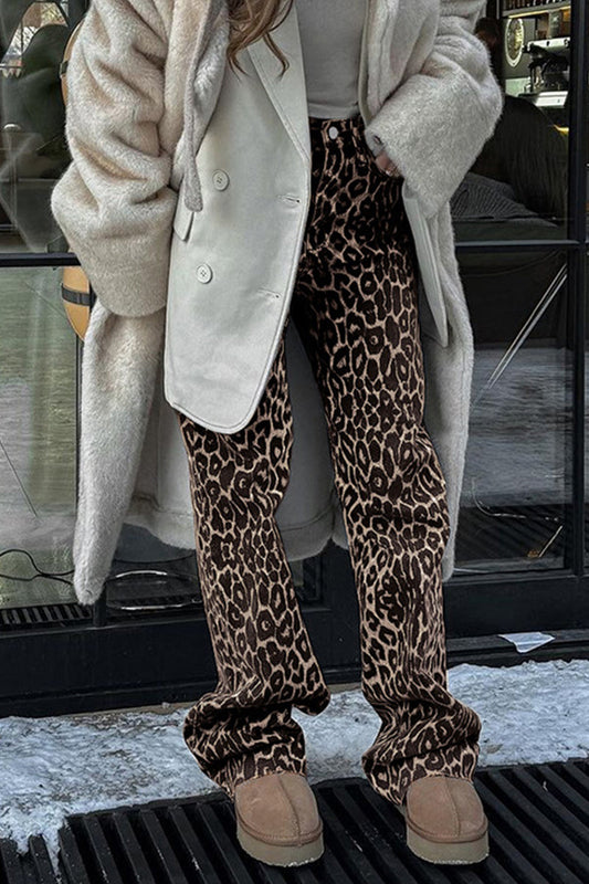 Pantalones rectos holgados de cintura media con estampado de leopardo y botones de calle