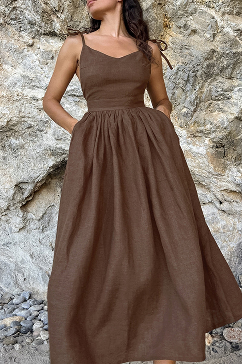 Vestido sexy de tirantes con escote en V y frenillo liso