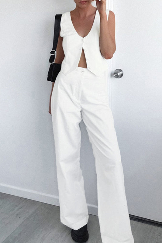 Conjunto informal de dos piezas con cuello en V, sin mangas y hebilla sólida de estilo británico