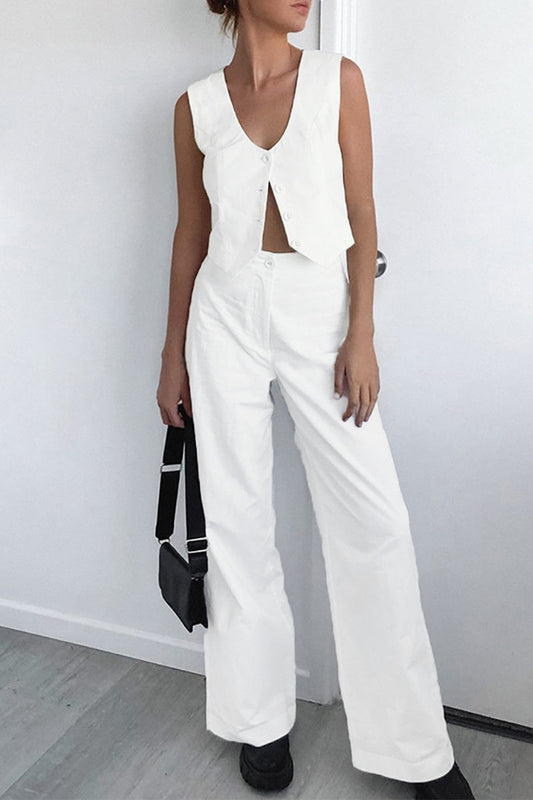 Conjunto informal de dos piezas con cuello en V, sin mangas y hebilla sólida de estilo británico